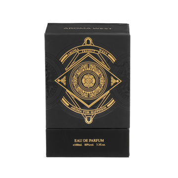 Aroma West Aroma for Happiness kvepalu dezute – juoda su aukso spalvos nisinio kvepalo dizainu. Išbandę juos atsakysite i klausima: nisiniai kvepalai - kas tai?