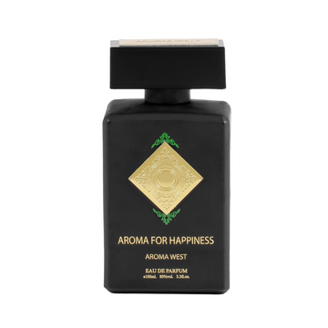Aroma West Aroma for Happiness nisiniai kvepalai – juodas EDP buteliukas su aukso spalvos ornamentu, 100ml. Prabangus arabiski kvepalai internetu.