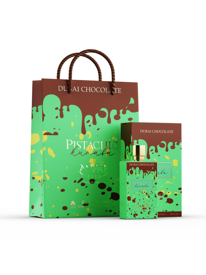 Kvepalų rinkinys „Pistachio Kunafa Chocolate“ su dėžute ir dovanų maišeliu – nišiniai unisex arabiški kvepalai
