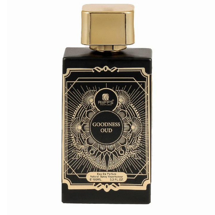 Riiffs Goodness Oud nišiniai arabiški unisex kvepalai 100 ml – juodas buteliukas su auksiniu ornamentu